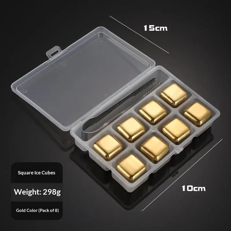 Stainless steel whiskey stones ice cube set – Gold 8 with ice clips, 1set